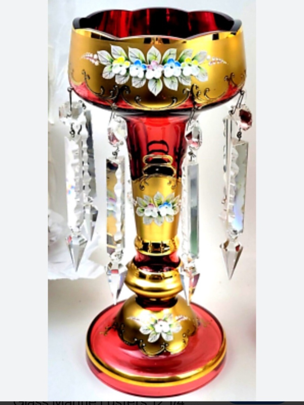 Hand-Painted Red and Gold Glass Compote with Crystal Prisms